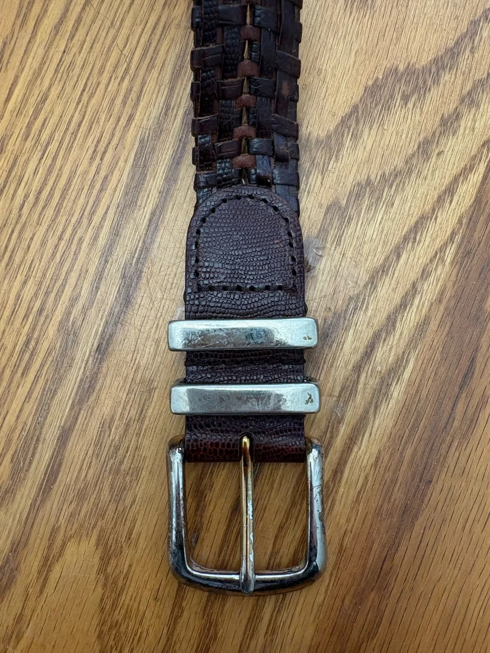 Fossil Dark Brown Braided Leather Belt with Solid Brass Accents